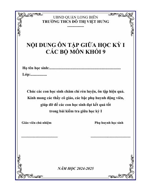 Ôn tập giữa kỳ 1 Toán 9 năm 2024 – 2025 trường THCS Đô Thị Việt Hưng – Hà Nội